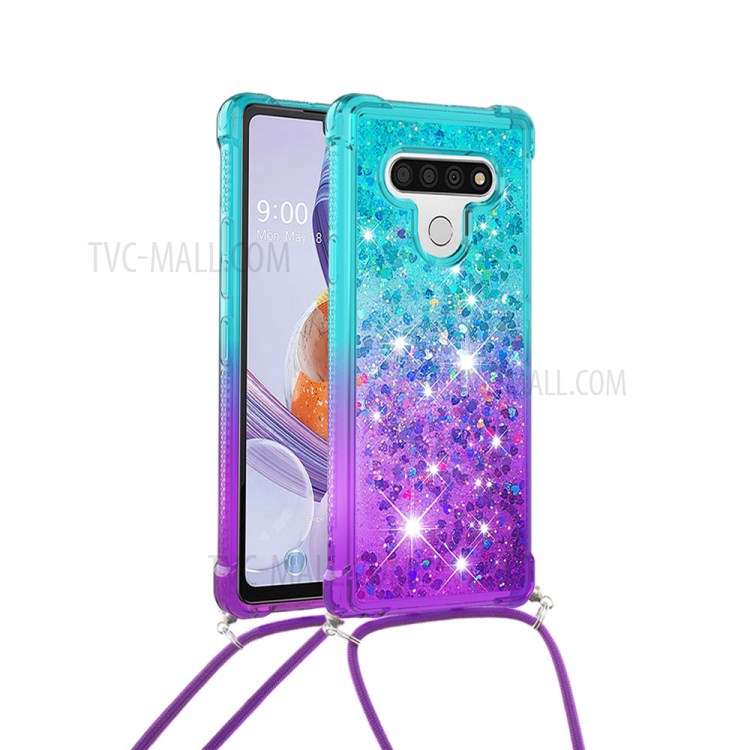 Shockproof Gradient Glitter Powder Quicksand TPU Phone Case with Strap for LG Stylo 6 - Cyan/Purple-1