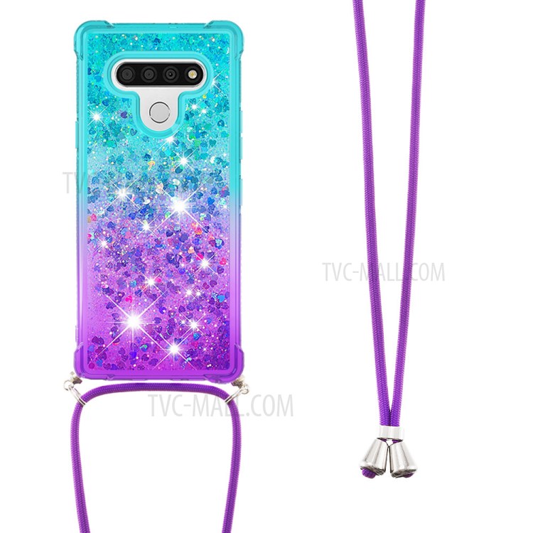 Shockproof Gradient Glitter Powder Quicksand TPU Phone Case with Strap for LG Stylo 6 - Cyan/Purple-2