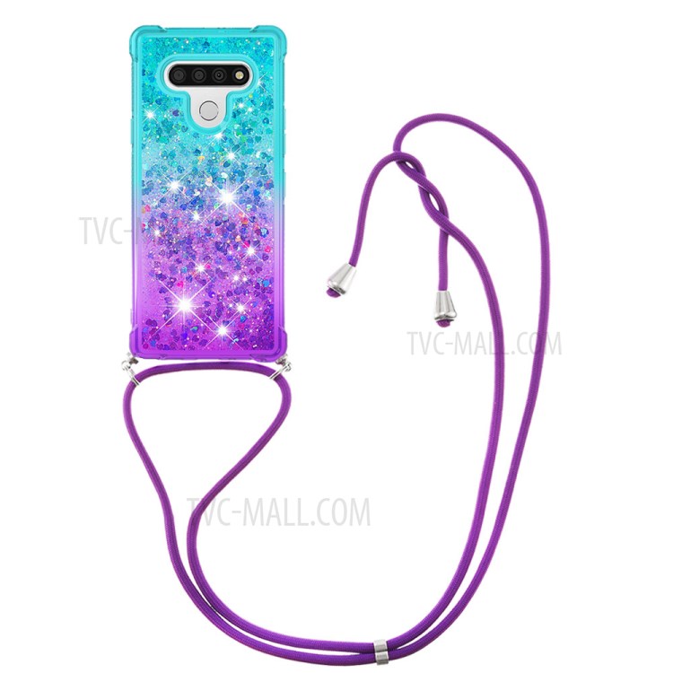 Shockproof Gradient Glitter Powder Quicksand TPU Phone Case with Strap for LG Stylo 6 - Cyan/Purple-3