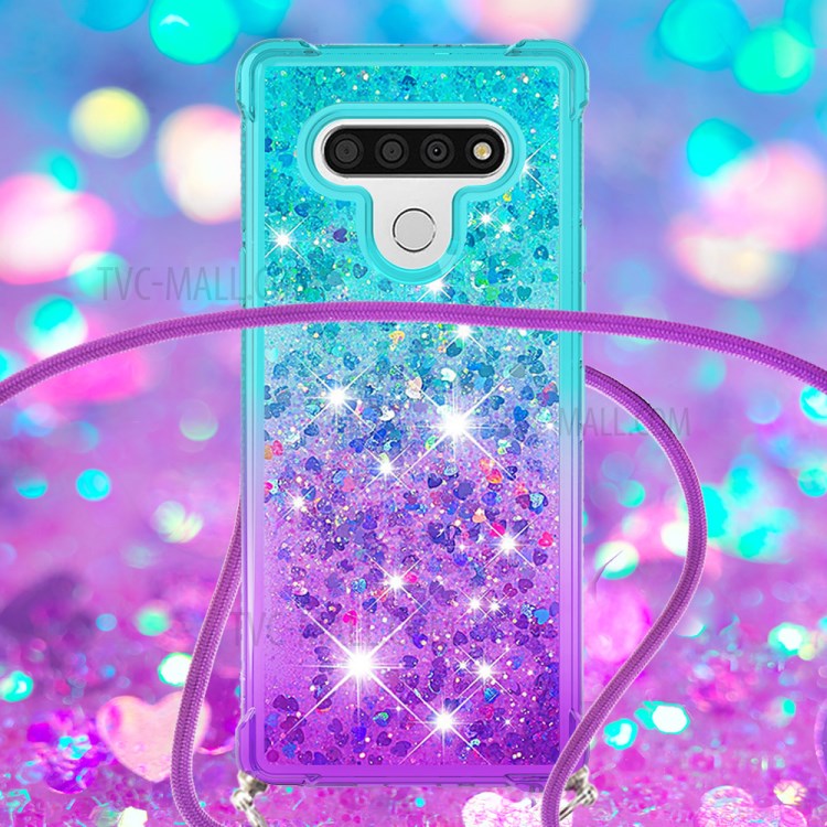 Shockproof Gradient Glitter Powder Quicksand TPU Phone Case with Strap for LG Stylo 6 - Cyan/Purple-4