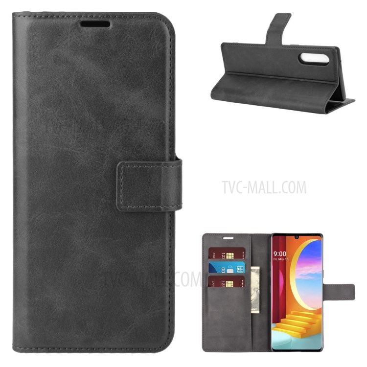 Leather Wallet Phone Stand Case with Magnetic Closure for LG Velvet - Black-1