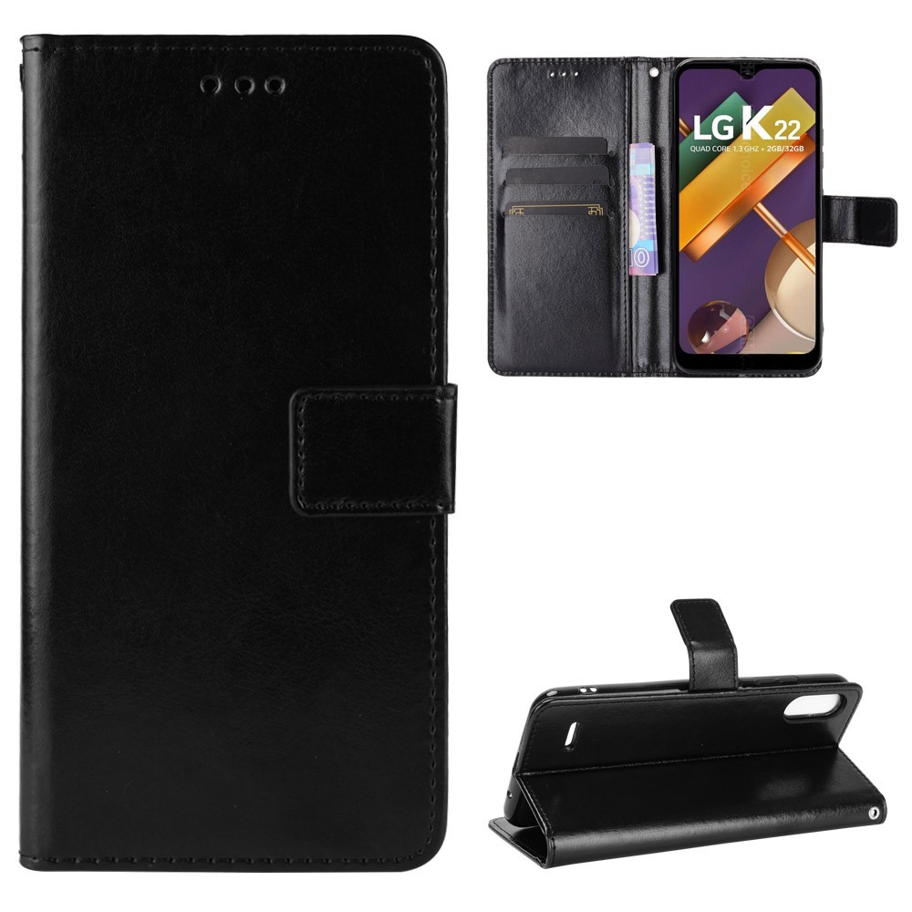 Crazy Horse Texture Protector Wallet Stand Leather Cover Case for LG K22 - Black-1