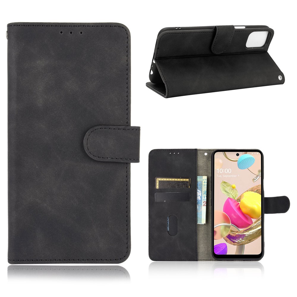 Skin-Touch-Feeling Folio Flip Leather Wallet Stand Phone Case for LG K42 - Black-1