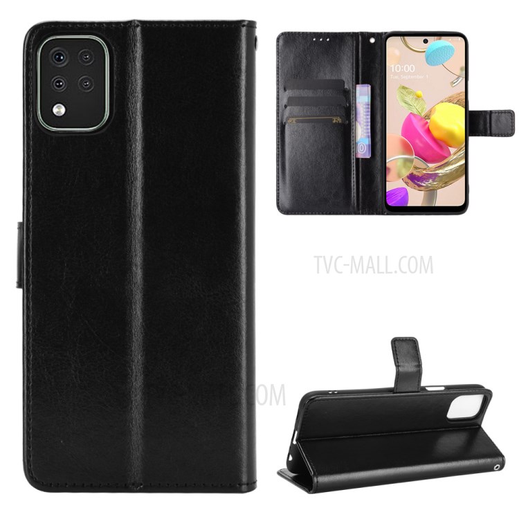 Crazy Horse Wallet Stand Leather Shell with Strap for LG K42 - Black-1