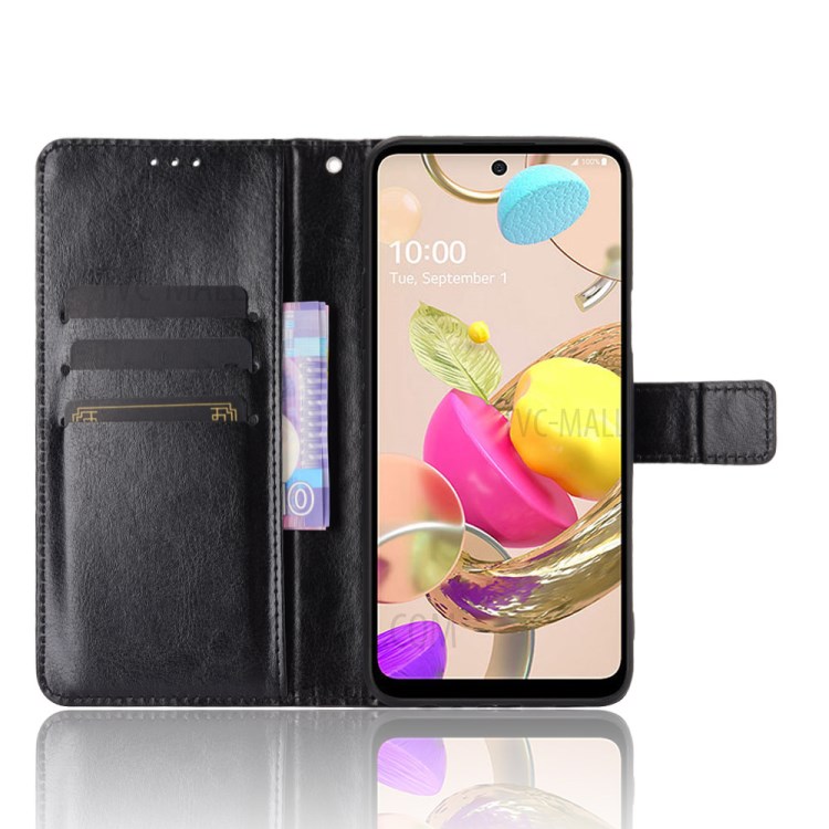 Crazy Horse Wallet Stand Leather Shell with Strap for LG K42 - Black-4