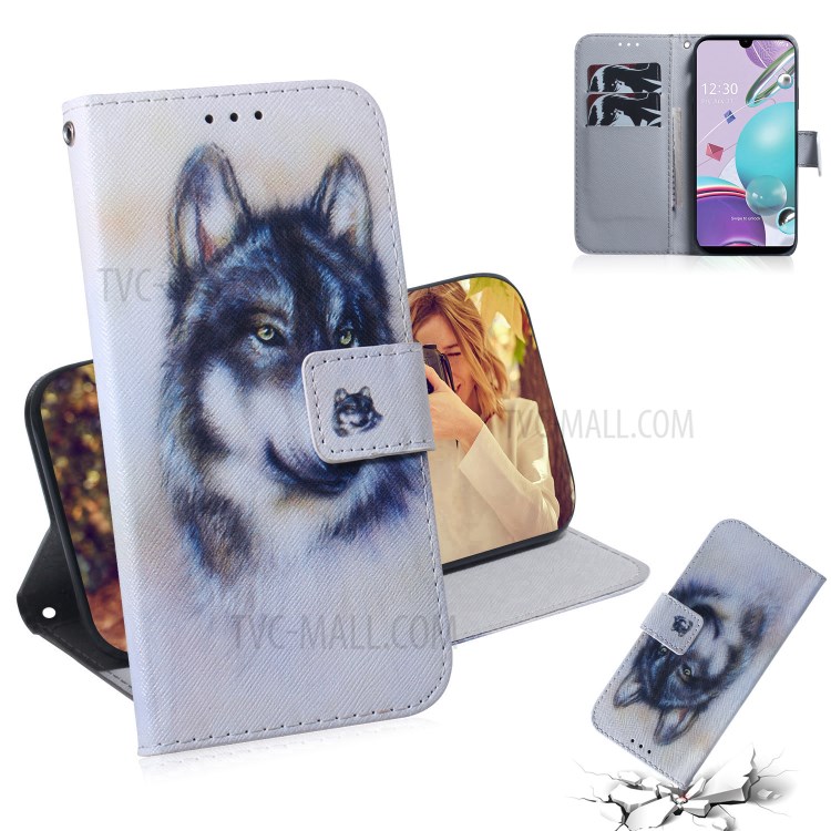 Pattern Printing Leather Stand Flip Case with Strap for LG K31/Aristo 5 - Wolf-1
