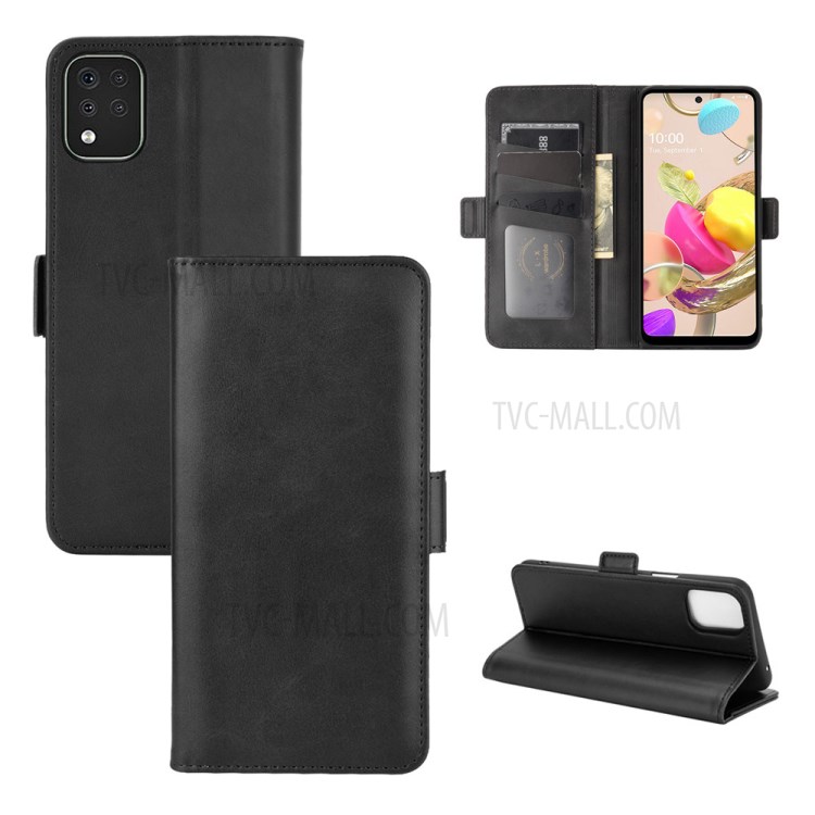 Double Magnetic Buckle Folio Flip Leather Phone Protective Case for LG K42 - Black-1
