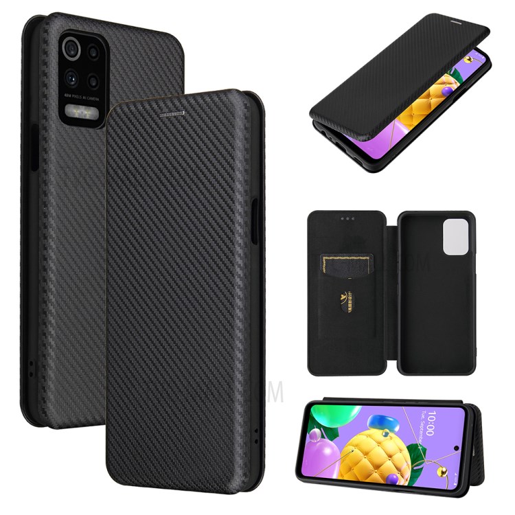 Carbon Fiber Leather Card Holder Auto-absorbed Cover Case for LG K52/K62/Q52 - Black-1