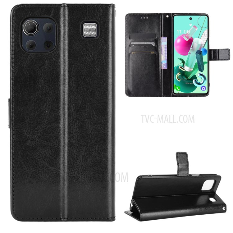 Crazy Horse Wallet Stand Leather Case Cover with Strap for LG K92 5G - Black-1