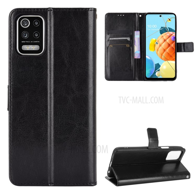 Crazy Horse Wallet Stand Leather Shell with Strap for LG K52 / LG Q52 / LG K62 - Black-1