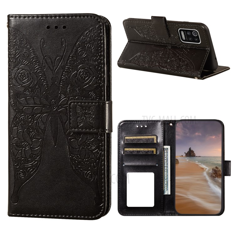 For LG K42/K52 Imprinted Rose Flower Butterflies Pattern Leather Wallet Stand Case - Black-1