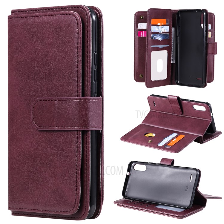 Quality Leather Wallet Design Cover Shell with Multi-function 10 Card Slots for LG K22 / K22 Plus - Wine Red-1