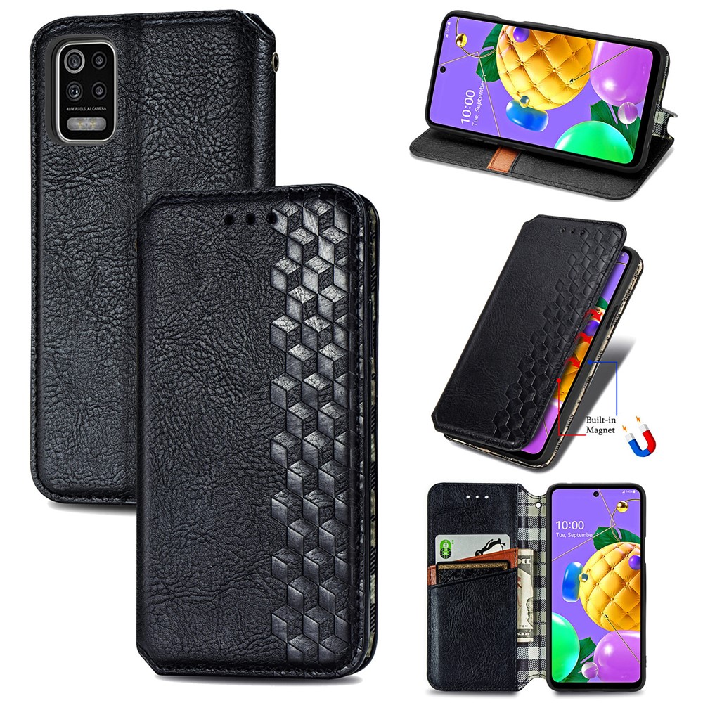 Auto-absorbed Rhombus Decor PU Leather Wallet Design Phone Cover for LG K52 - Black-1