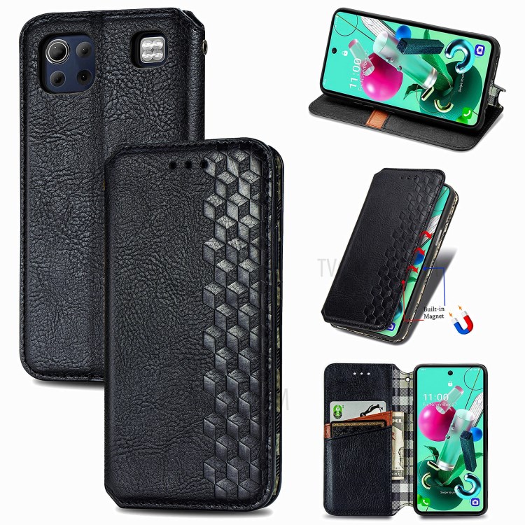 Leather Phone Auto-Absorbed Cover Case with Fashionable Rhombus Imprinting Decor for LG K92 5G - Black-1