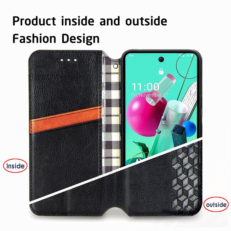 Leather Phone Auto-Absorbed Cover Case with Fashionable Rhombus Imprinting Decor for LG K92 5G - Black-10