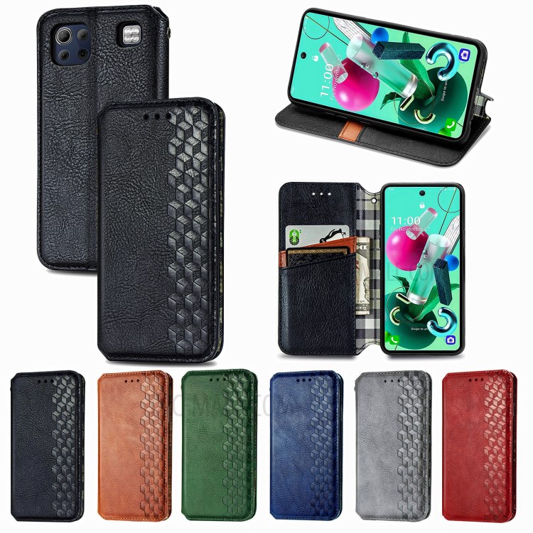 Leather Phone Auto-Absorbed Cover Case with Fashionable Rhombus Imprinting Decor for LG K92 5G - Black-18