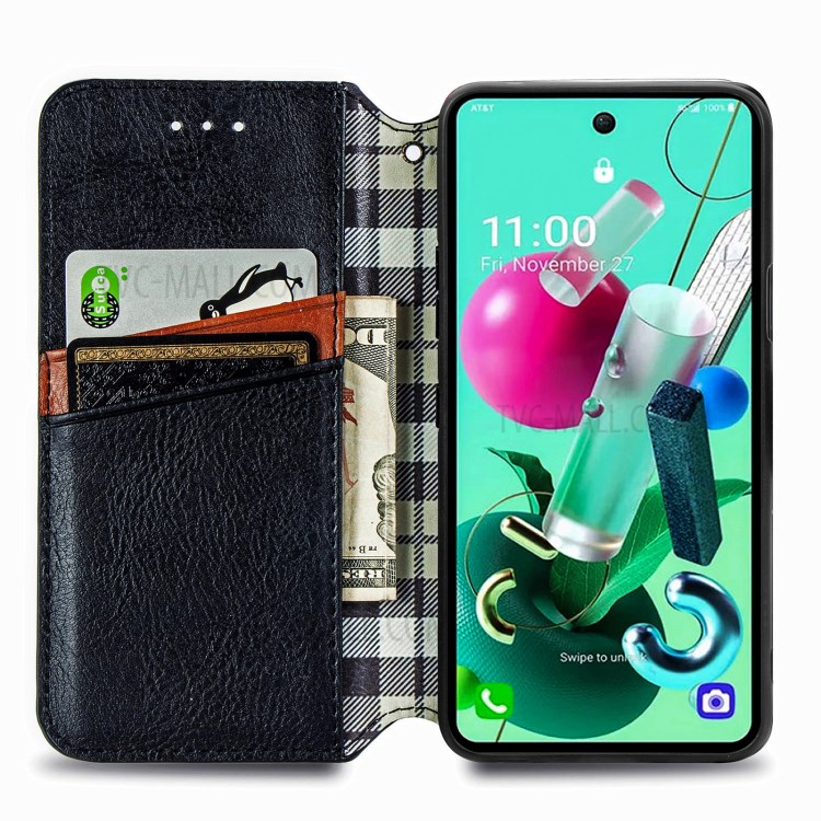 Leather Phone Auto-Absorbed Cover Case with Fashionable Rhombus Imprinting Decor for LG K92 5G - Black-3