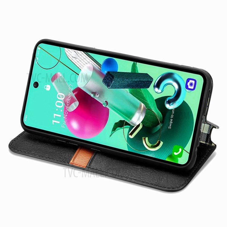 Leather Phone Auto-Absorbed Cover Case with Fashionable Rhombus Imprinting Decor for LG K92 5G - Black-6