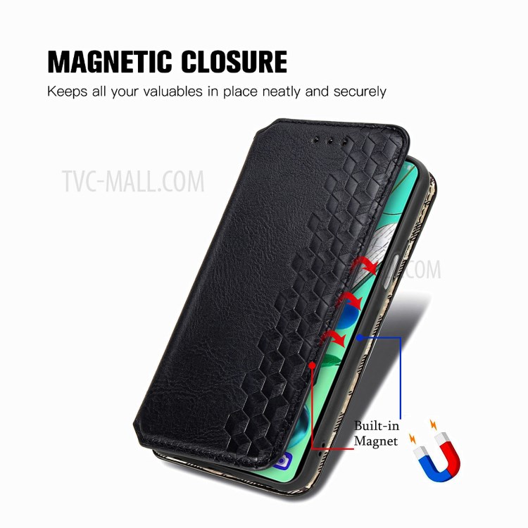 Leather Phone Auto-Absorbed Cover Case with Fashionable Rhombus Imprinting Decor for LG K92 5G - Black-9