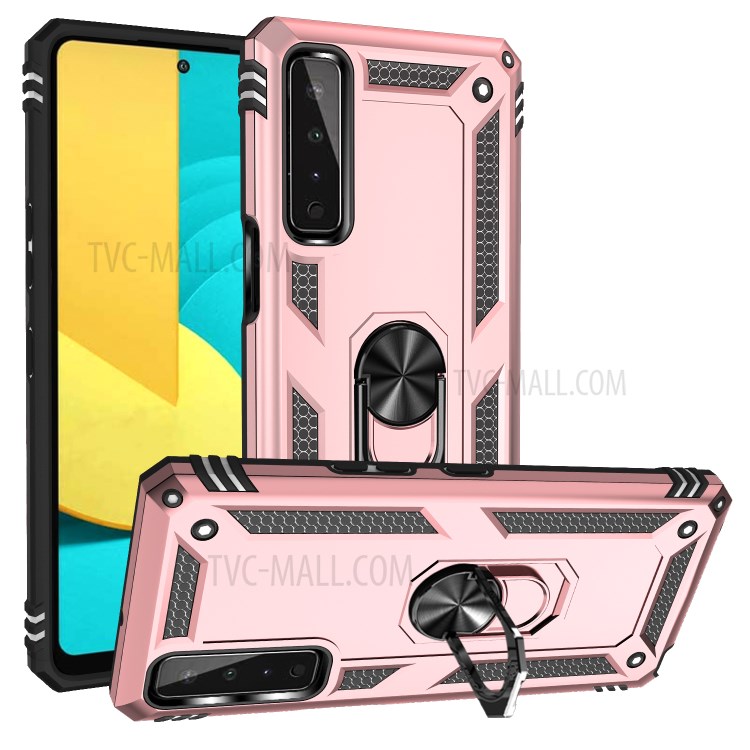 Hybrid PC + TPU + Metal Phone Case Shell Anti-Fall Finger Ring Kickstand for LG Stylo 7 5G - Rose Gold-1