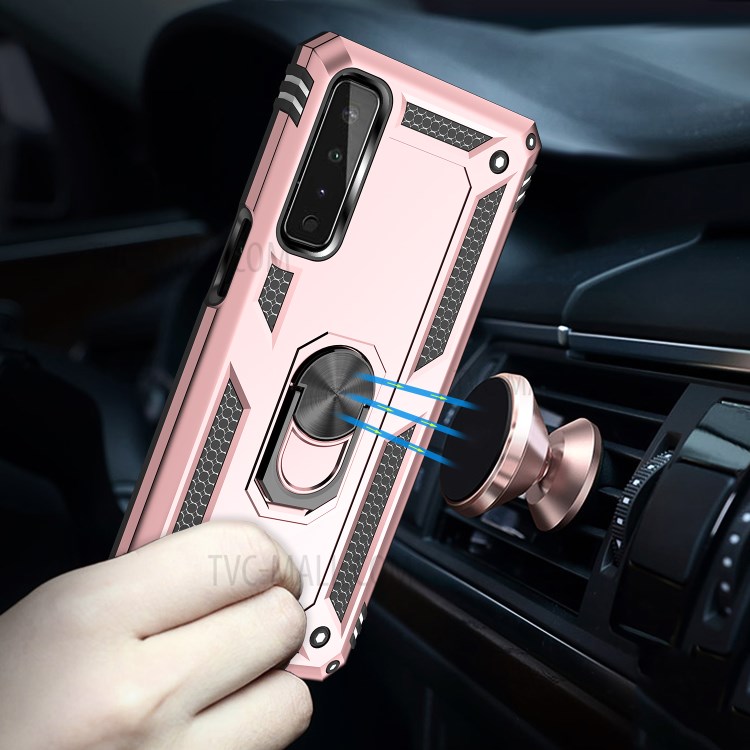 Hybrid PC + TPU + Metal Phone Case Shell Anti-Fall Finger Ring Kickstand for LG Stylo 7 5G - Rose Gold-4