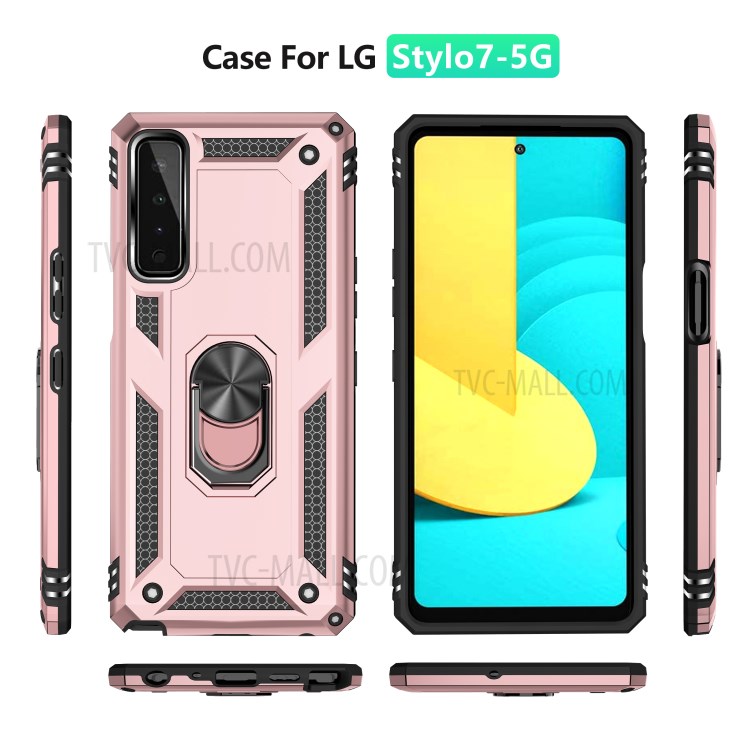 Hybrid PC + TPU + Metal Phone Case Shell Anti-Fall Finger Ring Kickstand for LG Stylo 7 5G - Rose Gold-6