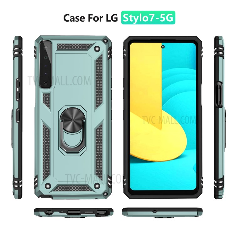 Hybrid PC + TPU Phone + Metal Case Shell Anti-Fall Finger Ring Kickstand for LG Stylo 7 4G - Blackish Green-6