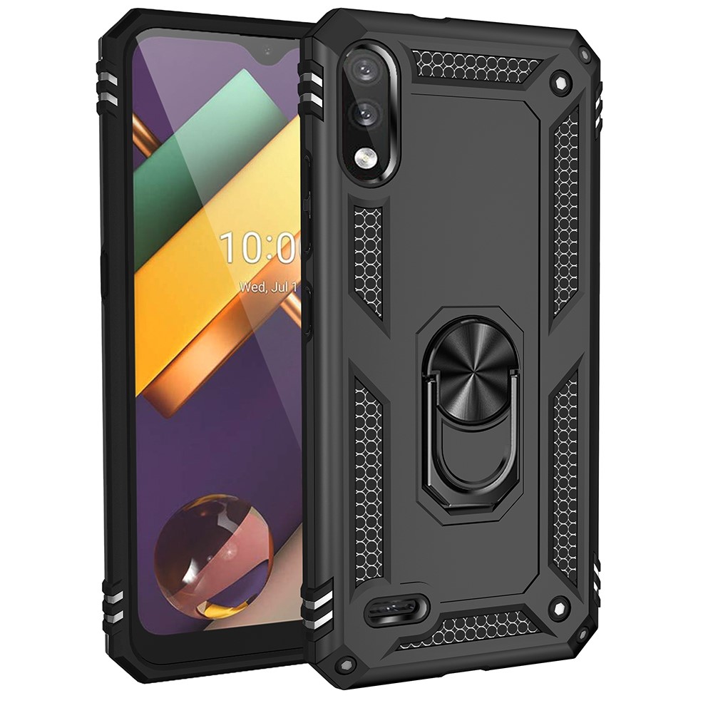 Hybrid PC + TPU Téléphone Shell Shell Anti-Fall Ring Ring Kickstand Pour LG K22 - le Noir