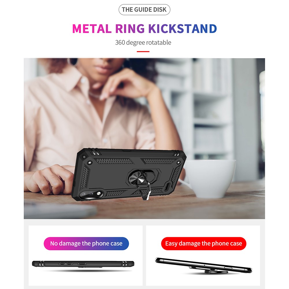 Hybrid-PC + TPU-Telefon-Case-Shell-Anti-Herbst-Fingerring-Kickstand Für LG K22 - Schwarz-4