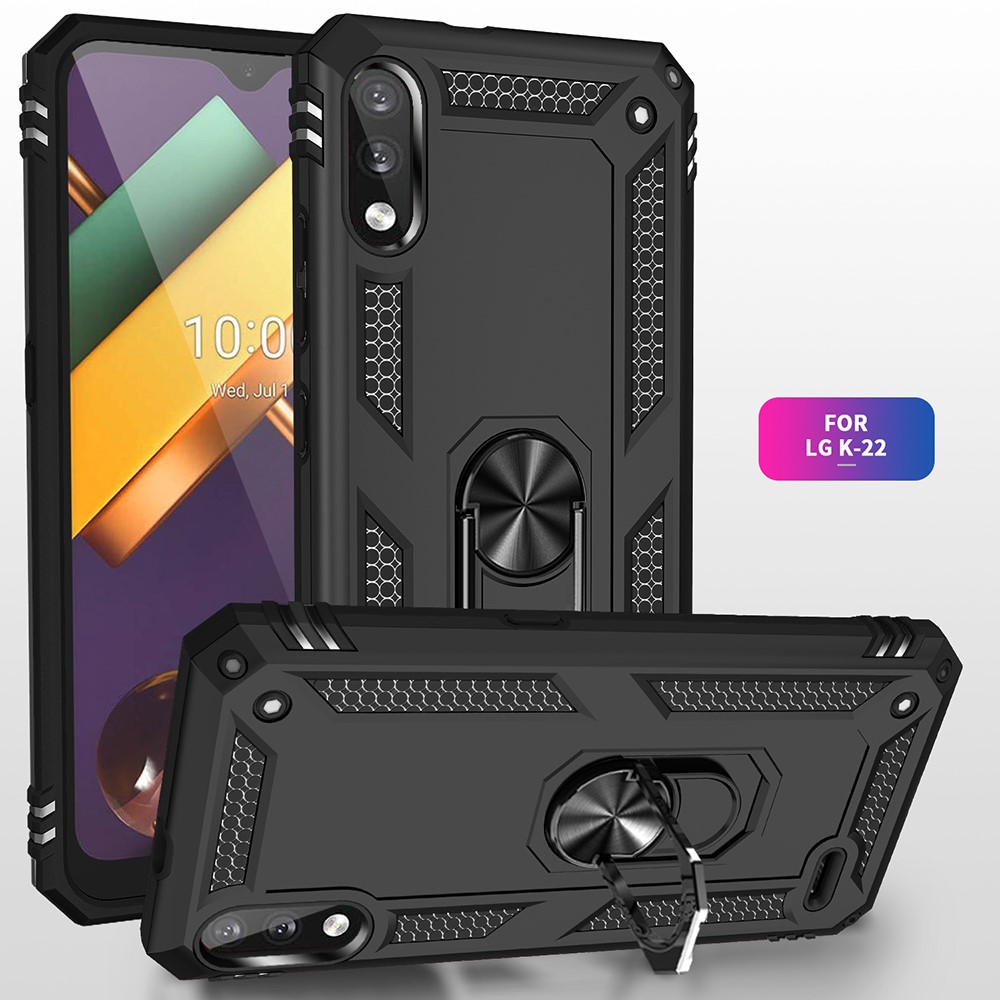 Hybrid-PC + TPU-Telefon-Case-Shell-Anti-Herbst-Fingerring-Kickstand Für LG K22 - Schwarz-7