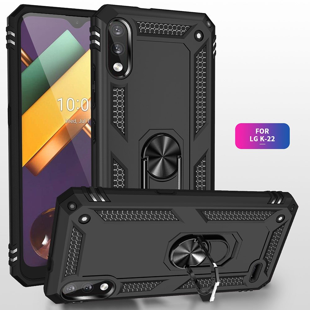 PC Hybrid PC + TPU Case de Teléfonos Con Cáscara Anti-caída Del Anillo de Dedo Para LG K22 - Negro