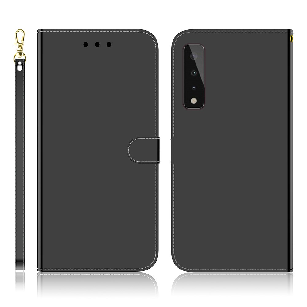 Mirror-like Surface Well-Protected Leather Phone Case + Wrist Strap with Wallet Stand Design for LG Stylo 7 5G - Black-1