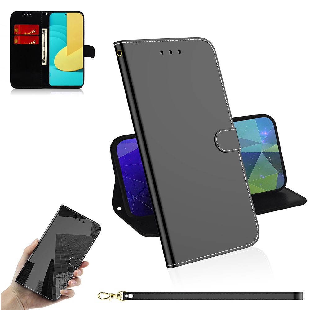 Mirror-like Surface Well-Protected Leather Phone Case + Wrist Strap with Wallet Stand Design for LG Stylo 7 5G - Black-11
