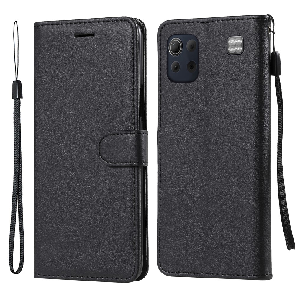 Plain Leather Phone Wallet Stand Shell with Strap for LG K92 5G - Black-1