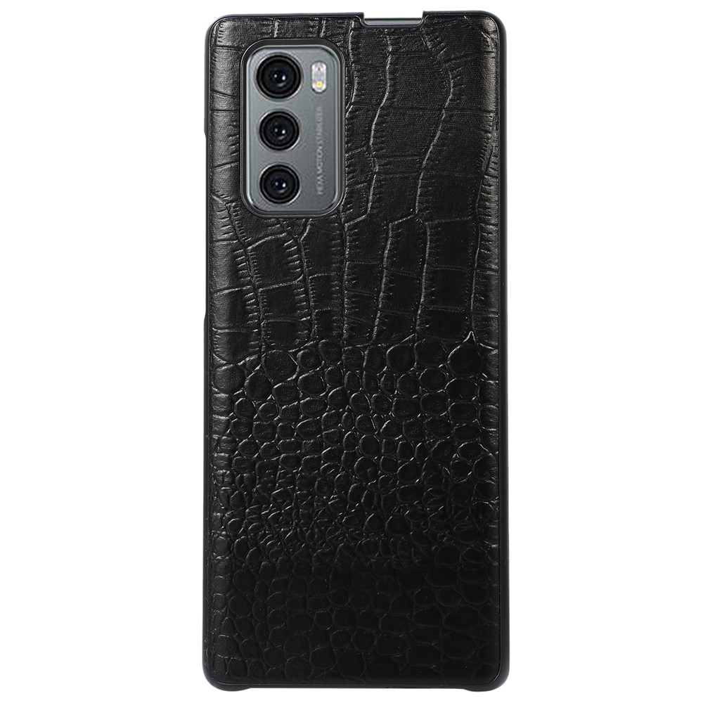 For LG Wing 5G Well-protected Crocodile Texture Phone Shell Genuine Cowhide Leather Coating PC + TPU Case - Black-1
