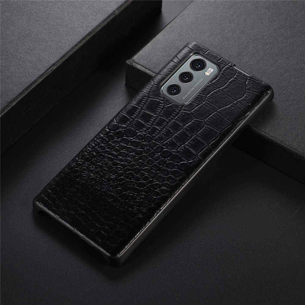 For LG Wing 5G Well-protected Crocodile Texture Phone Shell Genuine Cowhide Leather Coating PC + TPU Case - Black-2