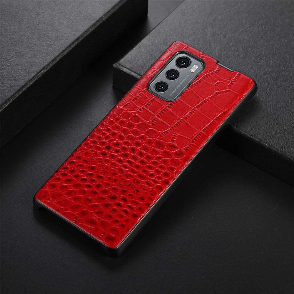 For LG Wing 5G Well-protected Crocodile Texture Phone Shell Genuine Cowhide Leather Coating PC + TPU Case - Red-2