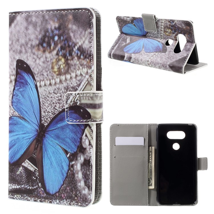 Leather Wallet Stand Phone Case for LG G5 - Blue Butterfly-1