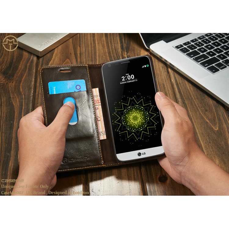 CASEME Crazy Horse Leather Wallet Cover Case for LG G5 - Coffee-10