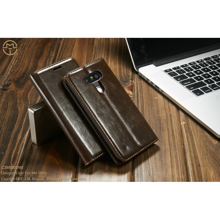 CASEME Crazy Horse Leather Wallet Cover Case for LG G5 - Coffee-3