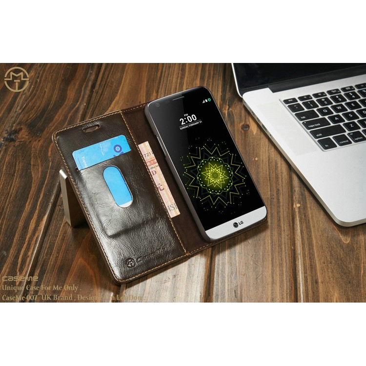 CASEME Crazy Horse Leather Wallet Cover Case for LG G5 - Coffee-5