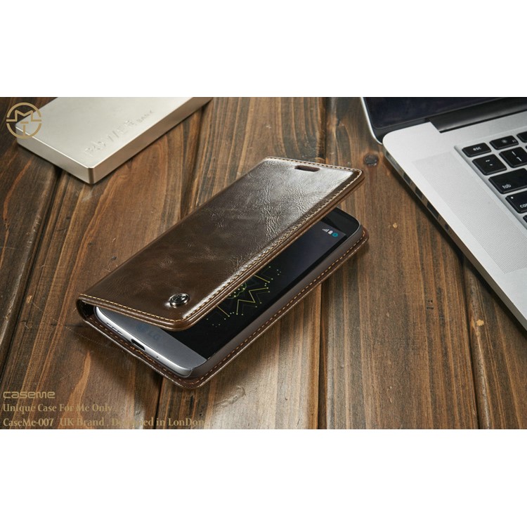 CASEME Crazy Horse Leather Wallet Cover Case for LG G5 - Coffee-7