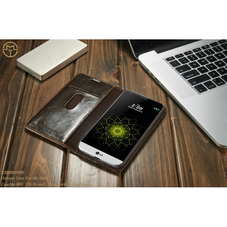 CASEME Crazy Horse Leather Wallet Cover Case for LG G5 - Coffee-8