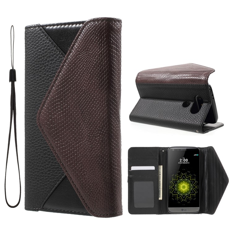 Bi-color Envelope Style Wallet Leather Stand Case with Lanyard for LG G5 / G5 SE - Brown / Black-1
