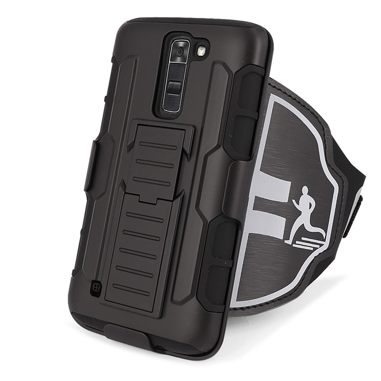 For LG K7 / Tribute 5 3-in-1 Shock-proof Wrist Band Cover PC + Silicone Case with Kickstand-1