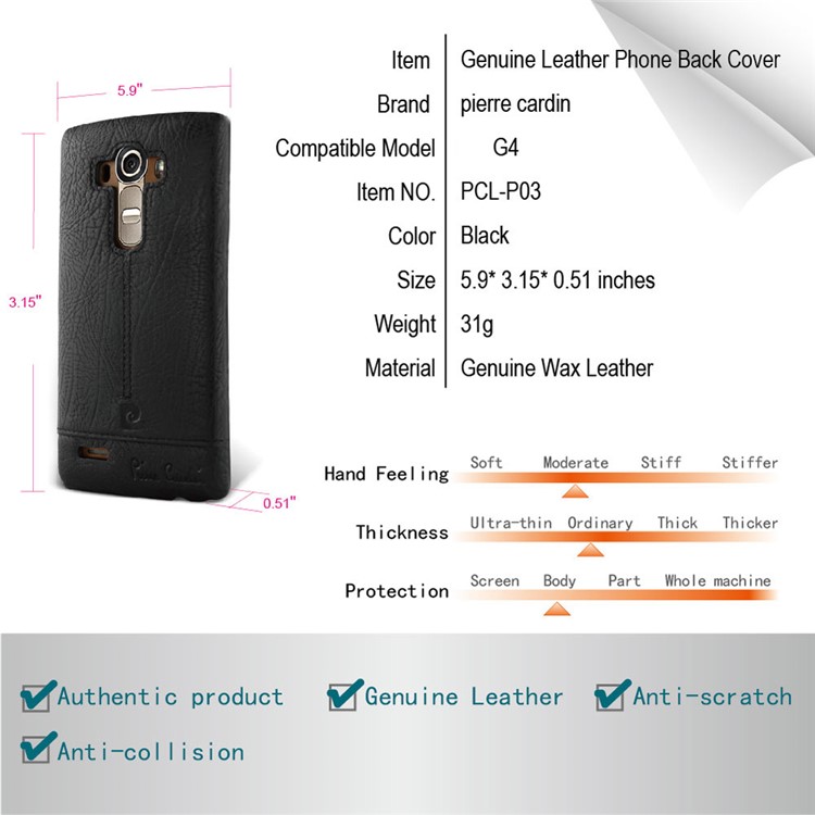 PIERRE CARDIN Genuine Leather Coated PC Case for LG G4 US991 VS986 H810 LS991 H811 - Black-7