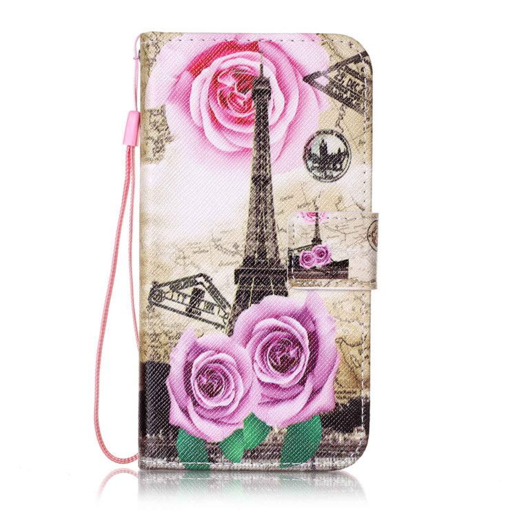 Pattern Printing Wallet Leather Case with Lanyard for LG X Screen - Eiffel Tower and Roses-1