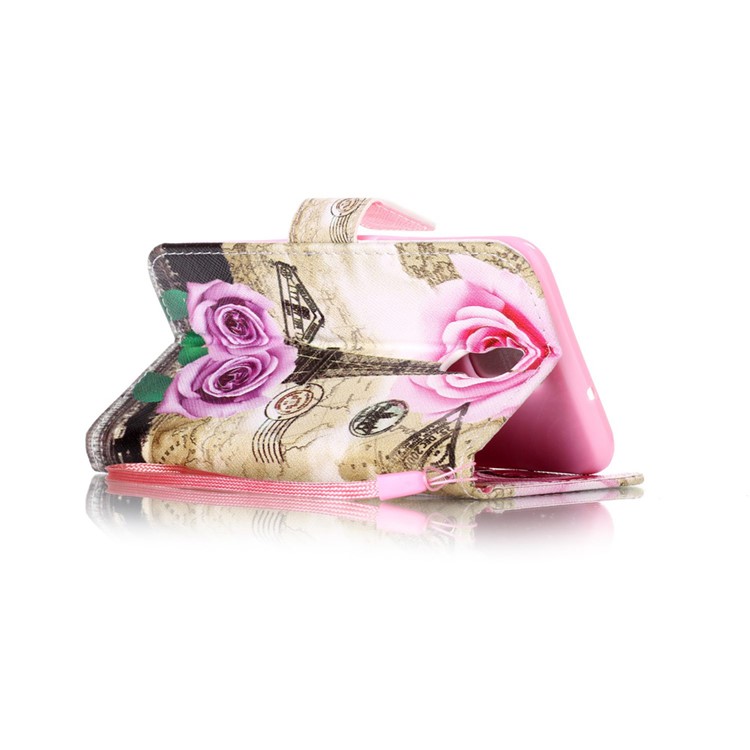 Pattern Printing Wallet Leather Case with Lanyard for LG X Screen - Eiffel Tower and Roses-4