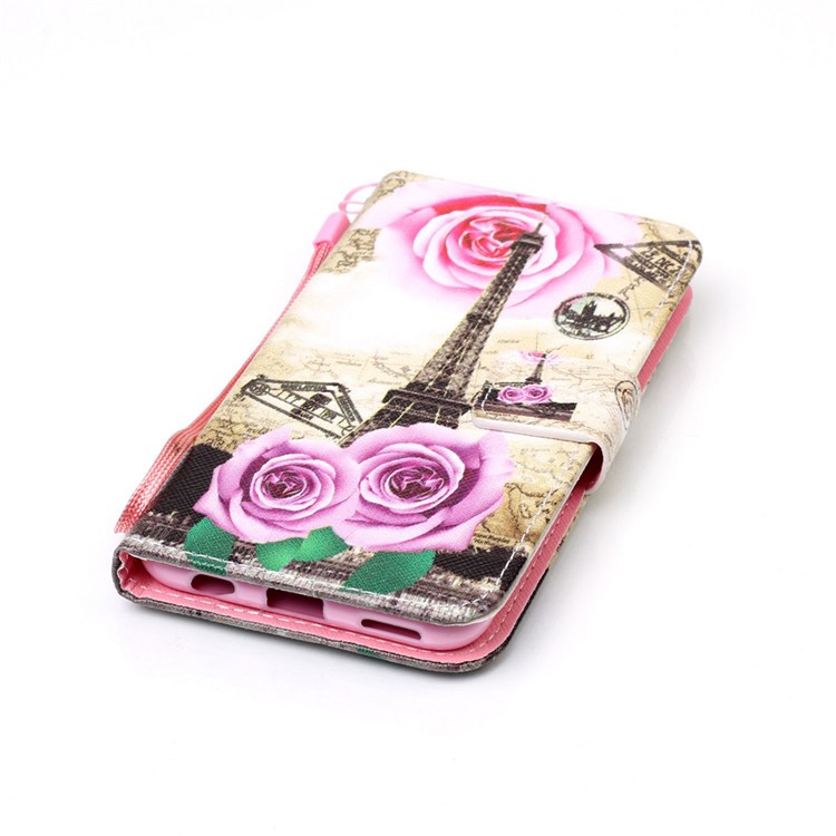 Pattern Printing Wallet Leather Case with Lanyard for LG X Screen - Eiffel Tower and Roses-5