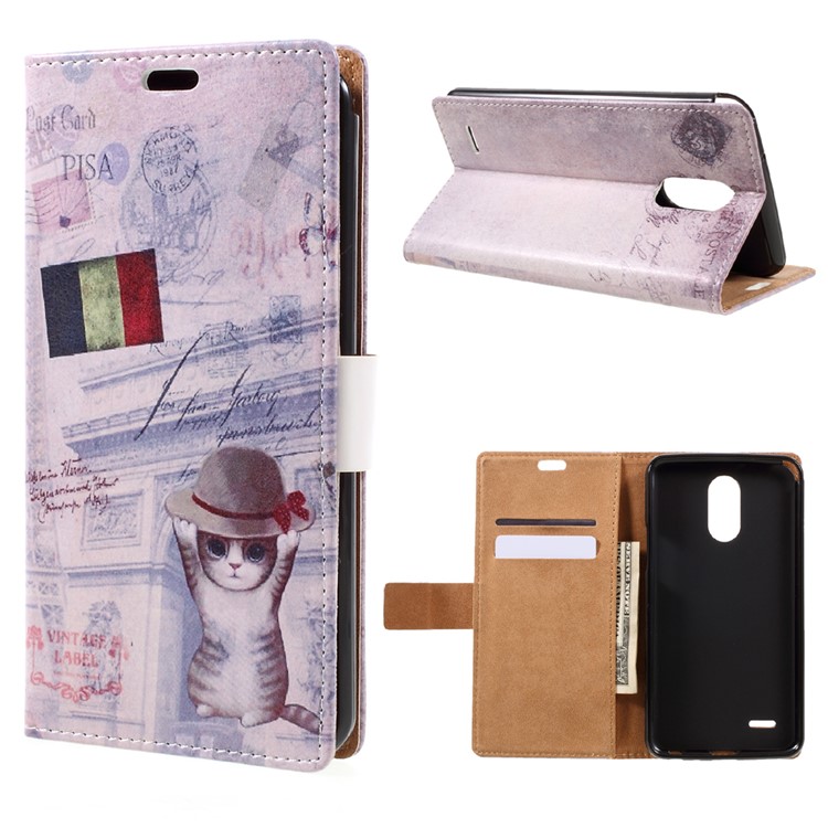 Patterned Leather Wallet Folio Phone Case for LG Stylus 3 - Cat Wearing Hat-1